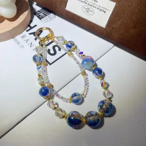 Blue gilded double-layer beaded cell phone chain stylish handmade gemstone keychain detail view.