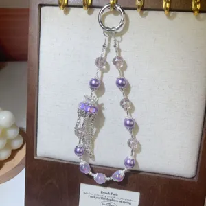 Luxury crystal pearl phone lanyard beaded wrist strap elegant mobile charm keychain accessory