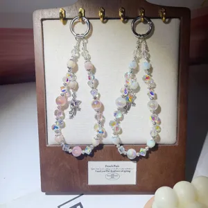 Handmade crystal beaded phone charm cute pink star pendant aesthetic phone strap accessory