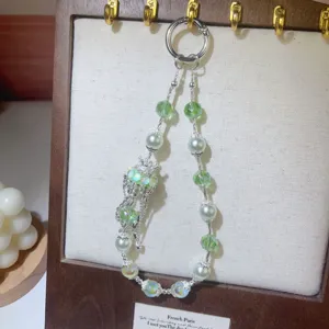 Luxury crystal pearl beaded phone charm wrist strap short lanyard for case keychain pendant
