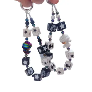 Short beaded phone charm sweet cool black white cube star cat cute sheep mobile lanyard strap