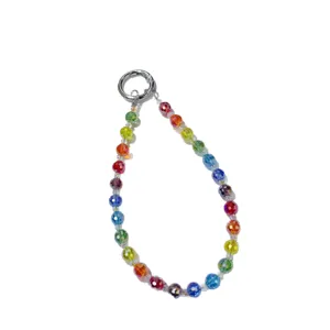 Colorful crystal beaded phone strap rainbow faceted wrist chain keychain for women daily use main view