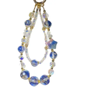 Handmade blue gilded bead double layer phone charm, elegant crystal strap for keys and phone.