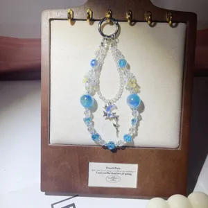 Blue crystal beaded phone charm cute fairy moon pendant aesthetic luxury keychain strap