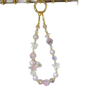 Elegant beaded phone chain featuring pink pearls, sparkling crystals, and cute starfish charms.