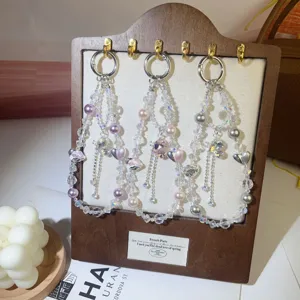 Handmade Crystal Artificial Pearl Heart Phone Chain Light Luxury Elegant Wrist Lanyard Phone Charm Jewelry For Women