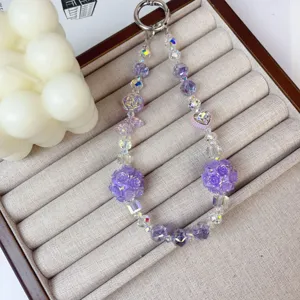 Purple crystal beaded phone charm rose ball bag pendant cute aesthetic keychain accessory