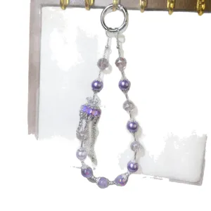 Luxury crystal pearl phone wrist strap lanyard charm for mobile phone case and keys