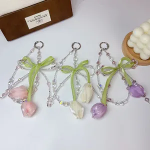 Creative Tulip Beaded Phone Charm Cute Bag Pendant Crystal Keychain Women Handbag Accessory Phone Charm Gift