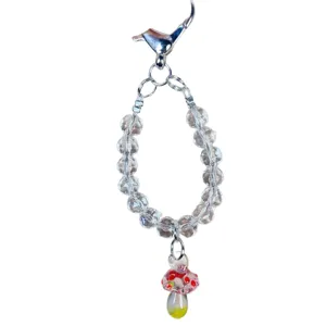 Transparent crystal beaded short phone charm lanyard with cute lampwork mushroom pendant.