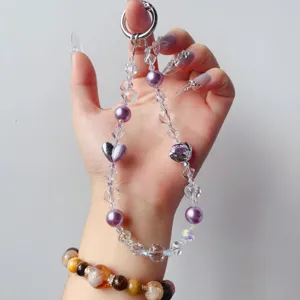 Handmade crystal beaded phone chain with cute heart charm for women wrist strap ornament
