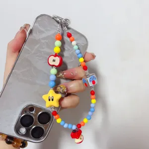 Colorful beaded phone charm strap with cute cartoon pendant, perfect handmade aesthetic accessory.