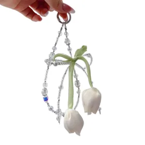 Cute Tulip Beaded Phone Chain and Bag Pendant with Ribbon Hand Strap Accessory Gift.