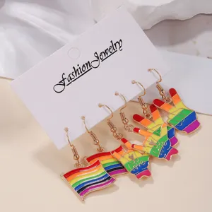 Detailansicht des bunten Regenbogenflaggen- und Gesten-Legierungs-Ohrring-Sets.