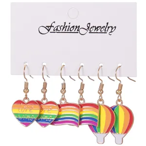 Bunte Regenbogen Herz Flagge Heissluftballon Ohrringe Set fuer Damen Modeschmuck.