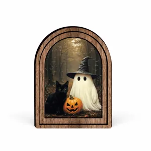 Targa da tavolo in legno di Halloween con simpatico fantasma, gatto nero e zucca.