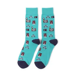 Türkisblaue Socken mit Pixel-Kameramotiv, blaue Ferse und Zehe, bequeme Baumwolle Socken.