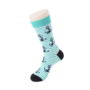 Detailansicht gestreifter Baumwollsocke mit Anker-Muster in Mintgrün und Marineblau für Herren