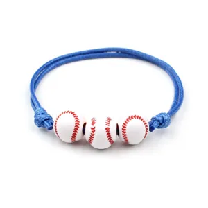 Bracciale in corda intrecciata blu con tre perline da baseball gioiello sportivo minimalista.