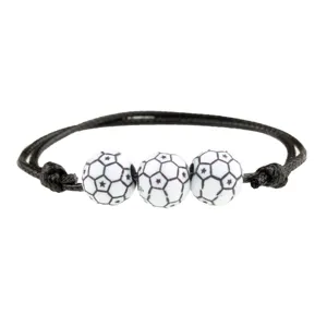 Bracciale in corda intrecciata nera con tre perline da calcio bianche, gioiello sportivo