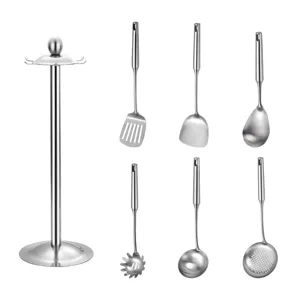 Stainless steel kitchen utensil set with holder rack, cooking spatulas and soup spoons for home cooking