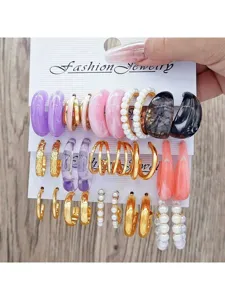 Colorful resin and metal hoop earrings set, trendy fashion jewelry for women daily wear.