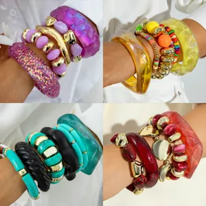 Juego de Pulseras de Cuentas de Resina Coloridas para Mujer Retro Color de Contraste Brazalete Apilable Joyería de Moda Occidental