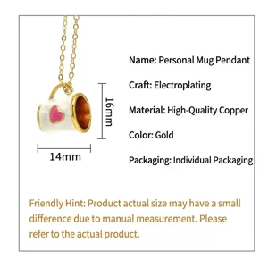 Joli collier pendentif tasse en émail avec cœur rose, bijoux élégants en cuivre plaqué or.
