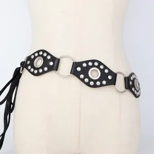 Cintura de Cuero PU Vintage Y2K para Mujer con Remaches Metálicos O-Ring Cordones Accesorios de Moda Chic Gótico