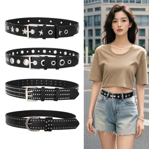 Dames Punk Klinknagel PU Leren Riem Casual Metalen Oogje Ster Ontwerp Jeans Broek Riem Zwarte Tailleband
