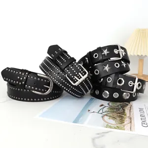 Zwarte leer met klinknagels riemen set, punk rock stijl dames jeans broek decoratieve riem.