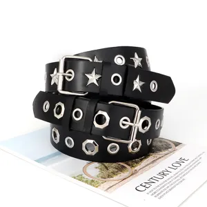 Zwarte lederen riem met zilveren oogjes en sterren klinknagels, trendy punk taille riem voor dames jeans.