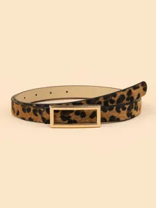 Ceinture fine pour femme imprimé léopard avec boucle métallique rectangulaire dorée chic