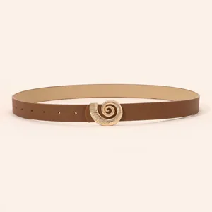 Stylish brown leather belt for women featuring a unique gold seashell buckle for jeans.