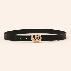 Detailed view of the elegant black women's belt featuring a stunning gold seashell buckle.