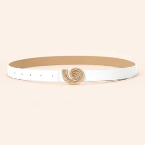 White leather women belt with gold shell buckle elegant fashion accessory detail view