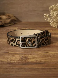 Women leopard print belt with silver rectangular buckle stylish casual dress waist belt