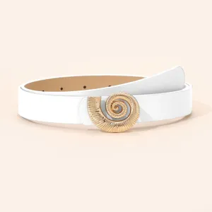 Women's white fashion belt featuring an elegant gold ammonite shell buckle detail.