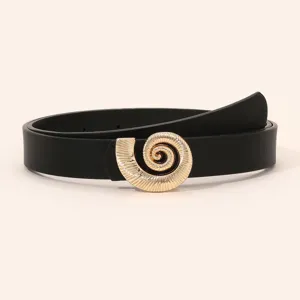 Close-up detail of the stylish women's black fashion belt with a unique golden shell buckle.