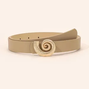 Detailed view of women beige fashion belt with gold spiral metal buckle chic daily wear accessory.