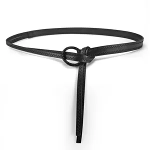 Black thin leather belt with stylish ring knot design, perfect for dresses and coats.