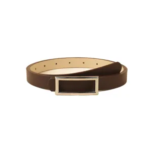 Ceinture fine en cuir pour femme avec boucle métallique rectangulaire, accessoire élégant.