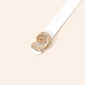 Detail shot of white women slim belt with unique gold spiral shell metal buckle accessory