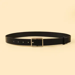 Women black leather belt with silver rectangular buckle minimalist waist strap fashion