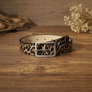 Women leopard print belt with silver square buckle casual dress leather belt 85cm