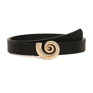 Women black fashion belt with unique gold spiral metal buckle for elegant jeans and daily wear.