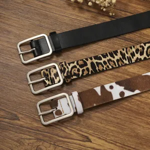 Set of three fashion women belts featuring black, leopard and cow print with square buckles.