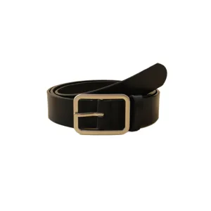 Classic black leather belt with rectangular silver metal buckle minimalist casual fashion style accessory