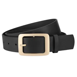 Elegante cintura da donna in pelle PU nera con una raffinata fibbia quadrata dorata.