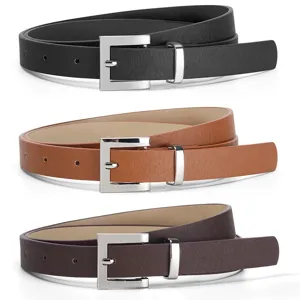 Set of 3 women's thin leather belts with silver square pin buckles, casual and versatile.